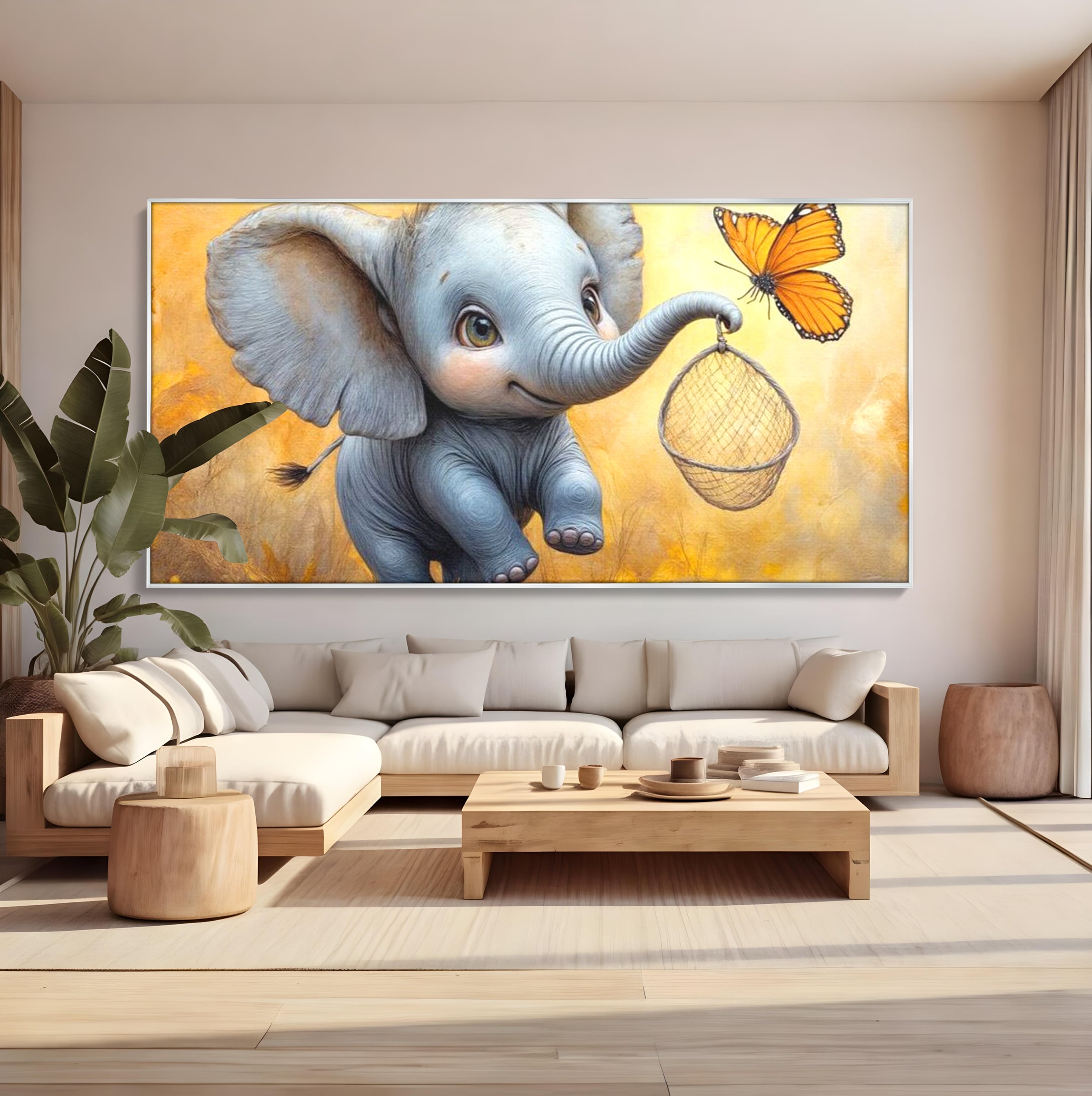 Tablou canvas cu ilustratie cu elefantel si fluture, in rama de aluminiu argintiu, pe perete intr-un living